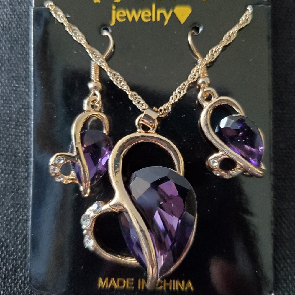 ♥️ Purple Crystal Necklace Earring Jewelry Set
